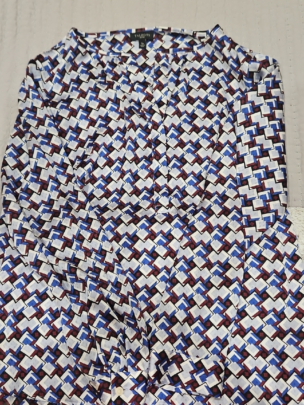 Talbots Geometric Button-Front Blouse in Blue, White & Brown